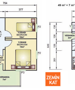 114metrekare iki katli prefabrik ev plani